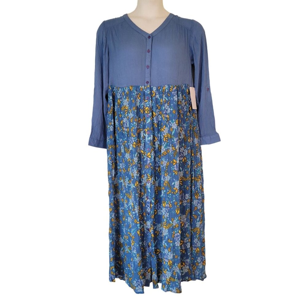 Woman‎ Within 14W Blue Yellow Floral A Line Maxi Dress Modest Long Summer